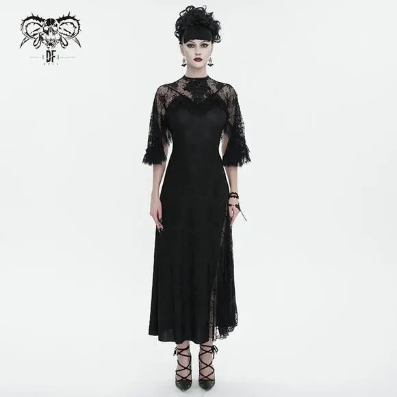 Devil Fashion Gothic Victorian 1930s 'Birds of a Feather' Lace Maxi Gown Dress - Picture 13 of 16